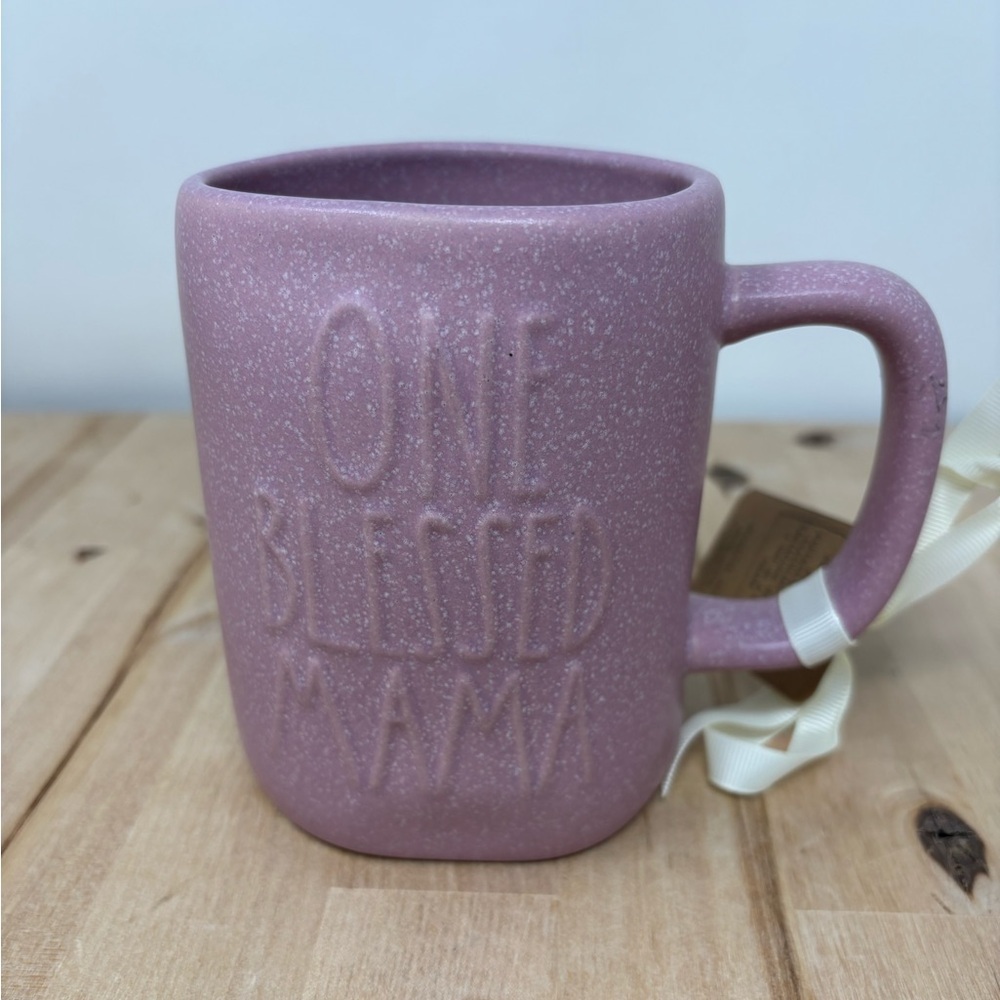 Rae Dunn ONE BLESSED MAMA Mug Lilac Spotted Ceramic with Raised Lettering New